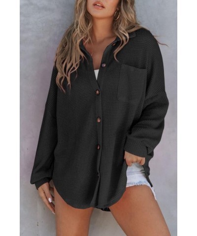 Women's Waffle Knit Button Down Shirts Casual Long Sleeve Shacket Jacket Boyfriend Tops Blouses Loose Fit A Black $18.62 Blouses