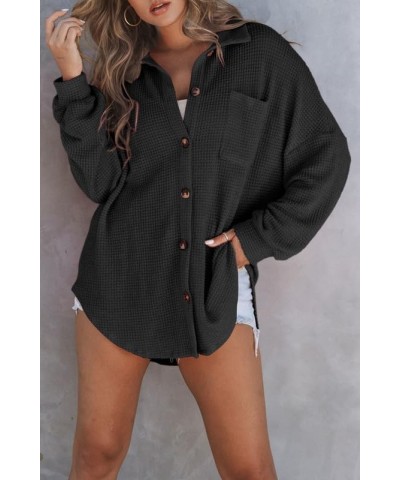 Women's Waffle Knit Button Down Shirts Casual Long Sleeve Shacket Jacket Boyfriend Tops Blouses Loose Fit A Black $18.62 Blouses