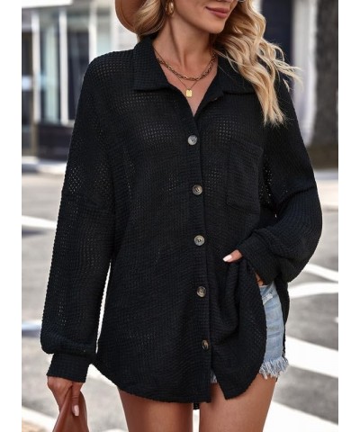 Women's Waffle Knit Button Down Shirts Casual Long Sleeve Shacket Jacket Boyfriend Tops Blouses Loose Fit A Black $18.62 Blouses