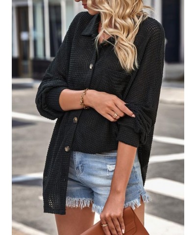 Women's Waffle Knit Button Down Shirts Casual Long Sleeve Shacket Jacket Boyfriend Tops Blouses Loose Fit A Black $18.62 Blouses