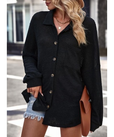 Women's Waffle Knit Button Down Shirts Casual Long Sleeve Shacket Jacket Boyfriend Tops Blouses Loose Fit A Black $18.62 Blouses