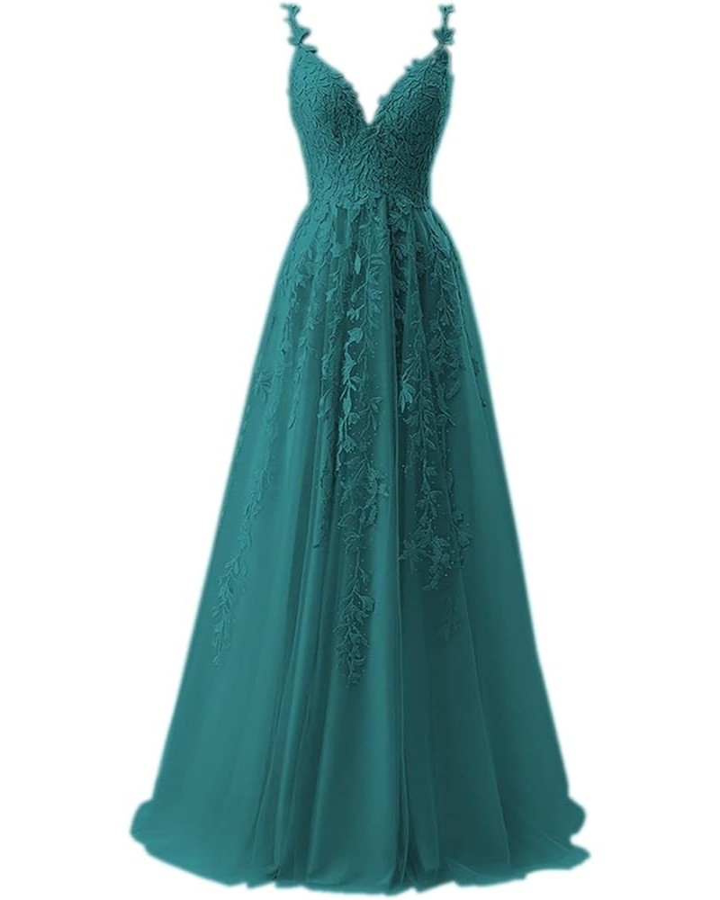 Women's Floral Spaghetti Straps Long Prom Dress with Applique Elegant V Neck Pleated Tulle Formal Evening Dresses Peacock $30...