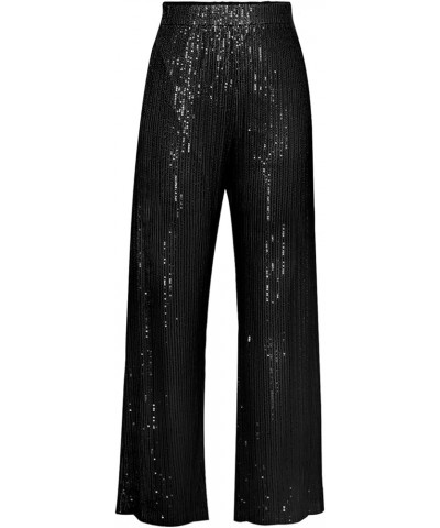 Sequin Bell Bottom Pants for Women High Waist Glitter Wide Leg Pants Sparkle Flared Trousers Disco Clubwear Solid Black $11.9...