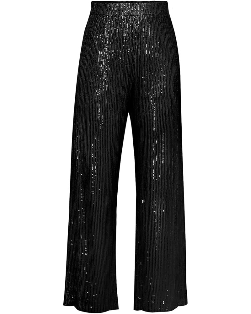 Sequin Bell Bottom Pants for Women High Waist Glitter Wide Leg Pants Sparkle Flared Trousers Disco Clubwear Solid Black $11.9...