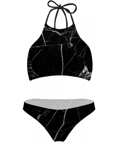 Fashion Printing High Neck Halter Bikini Swimsuit for Women Girls Mesh Lining Quick Dry Marble Texture Black $11.25 Swimsuits