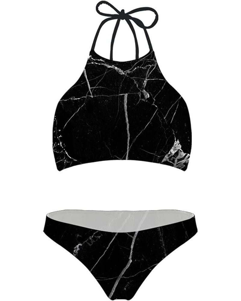 Fashion Printing High Neck Halter Bikini Swimsuit for Women Girls Mesh Lining Quick Dry Marble Texture Black $11.25 Swimsuits