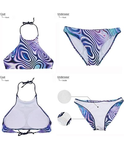 Fashion Printing High Neck Halter Bikini Swimsuit for Women Girls Mesh Lining Quick Dry Marble Texture Black $11.25 Swimsuits