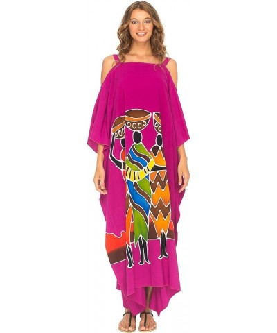 Womens Kaftan Maxi Dress Cold Shoulder Casual Long Beach Cover Up Plus Size Caftan Family Fuchsia $22.64 Swimsuits