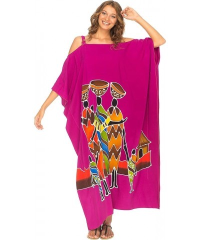 Womens Kaftan Maxi Dress Cold Shoulder Casual Long Beach Cover Up Plus Size Caftan Family Fuchsia $22.64 Swimsuits