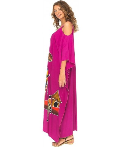 Womens Kaftan Maxi Dress Cold Shoulder Casual Long Beach Cover Up Plus Size Caftan Family Fuchsia $22.64 Swimsuits