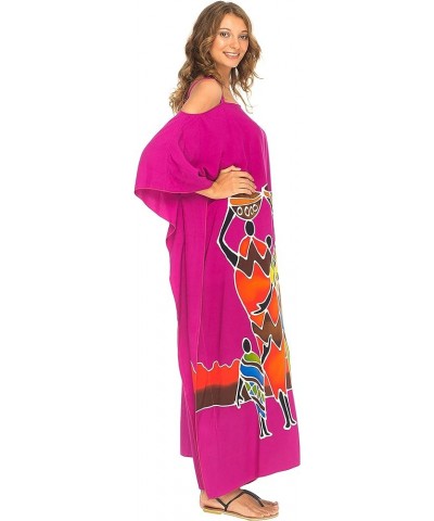 Womens Kaftan Maxi Dress Cold Shoulder Casual Long Beach Cover Up Plus Size Caftan Family Fuchsia $22.64 Swimsuits