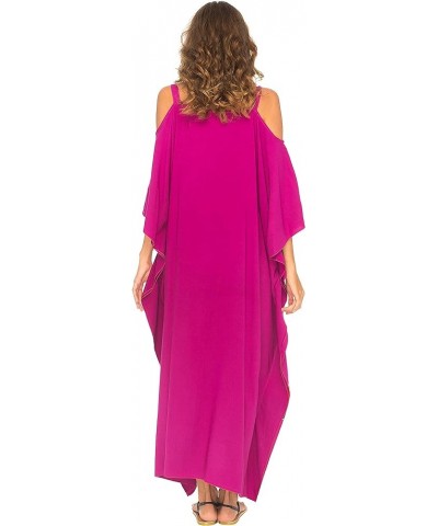 Womens Kaftan Maxi Dress Cold Shoulder Casual Long Beach Cover Up Plus Size Caftan Family Fuchsia $22.64 Swimsuits