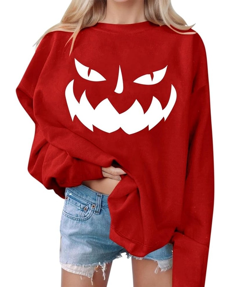 Halloween Sweatshirts For Women,2023 Fall Fashion Cute Pumpkin Graphic Long Sleeve Top Ghost Face Printed Shirt C-red $7.61 H...