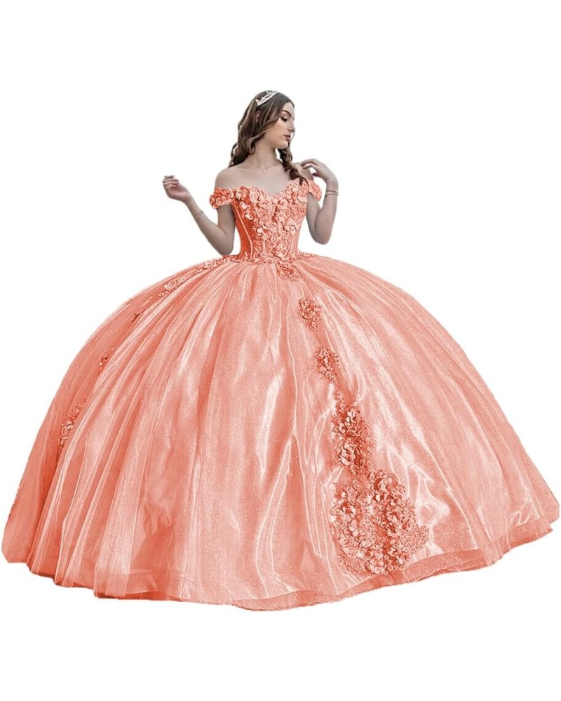 Women's Puffy Tulle Quinceanera Dresses Off The Shoulder Sweet 15 Dresses with Train Sweetheart Lace Ball Gown PF42 Coral $75...