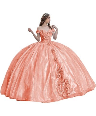 Women's Puffy Tulle Quinceanera Dresses Off The Shoulder Sweet 15 Dresses with Train Sweetheart Lace Ball Gown PF42 Coral $75...