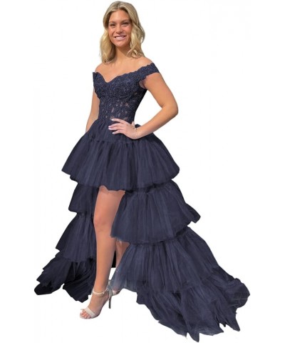 Women's Tiered Puffy Tulle Prom Dresses Long Off Shoulder Lace High Low Ruffled Formal Evening Gown Navy Blue $53.30 Dresses