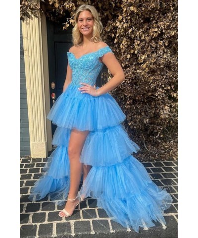 Women's Tiered Puffy Tulle Prom Dresses Long Off Shoulder Lace High Low Ruffled Formal Evening Gown Navy Blue $53.30 Dresses