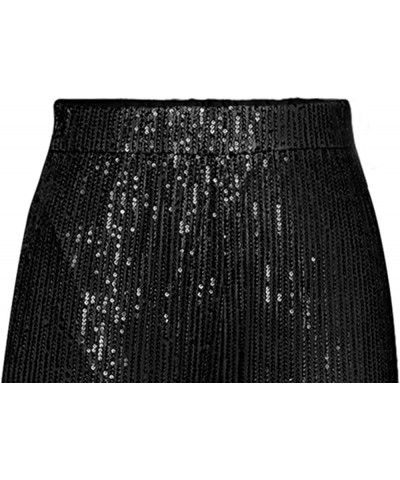 Sequin Bell Bottom Pants for Women High Waist Glitter Wide Leg Pants Sparkle Flared Trousers Disco Clubwear Solid Black $11.9...