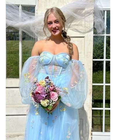 Puffy Sleeve Tulle Prom Dresses Flower Embroidery Ball Gowns for Women Tea Length A Line Formal Evening Party Gowns Dusty Blu...