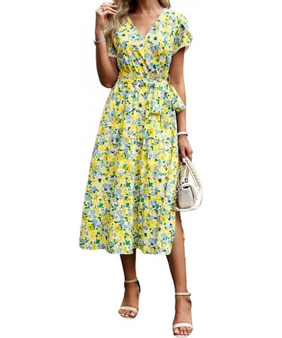 Women's V Neck Floral Short Sleeve Chiffon High Rise Polka Dot Dress Elegant Vintage Retro Dress C-green $10.59 Dresses