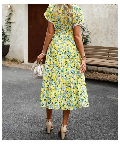 Women's V Neck Floral Short Sleeve Chiffon High Rise Polka Dot Dress Elegant Vintage Retro Dress C-green $10.59 Dresses