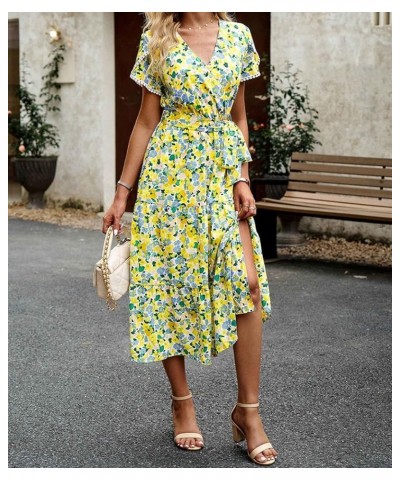 Women's V Neck Floral Short Sleeve Chiffon High Rise Polka Dot Dress Elegant Vintage Retro Dress C-green $10.59 Dresses