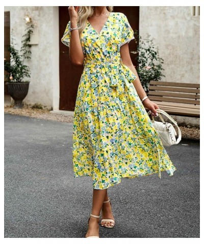 Women's V Neck Floral Short Sleeve Chiffon High Rise Polka Dot Dress Elegant Vintage Retro Dress C-green $10.59 Dresses