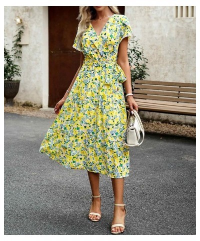 Women's V Neck Floral Short Sleeve Chiffon High Rise Polka Dot Dress Elegant Vintage Retro Dress C-green $10.59 Dresses