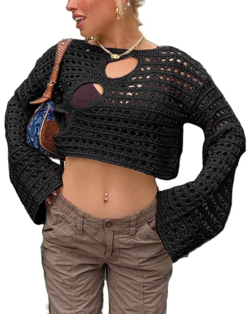 Women's Crochet Knit Mesh Sweater Square Neck Long Sleeve Color Block Y2k Pullover Crop Tops Blouse Tops Black- Hollow Cover ...