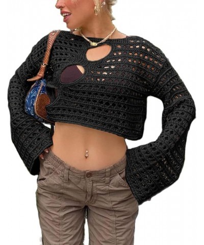 Women's Crochet Knit Mesh Sweater Square Neck Long Sleeve Color Block Y2k Pullover Crop Tops Blouse Tops Black- Hollow Cover ...