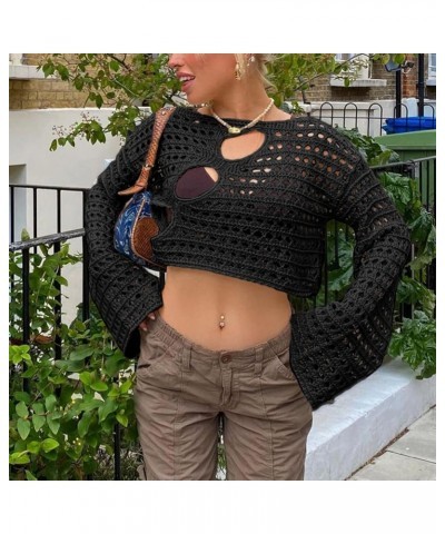 Women's Crochet Knit Mesh Sweater Square Neck Long Sleeve Color Block Y2k Pullover Crop Tops Blouse Tops Black- Hollow Cover ...