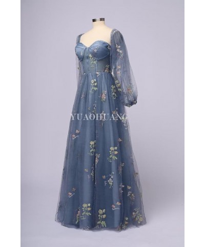 Puffy Sleeve Tulle Prom Dresses Flower Embroidery Ball Gowns for Women Tea Length A Line Formal Evening Party Gowns Dusty Blu...