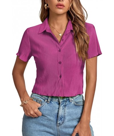 Women's Rib Knit Collar V Neck Button Down Ruffle Tirm Short Sleeve Crop Top Blouse Shirt Deep Purple $13.23 Blouses