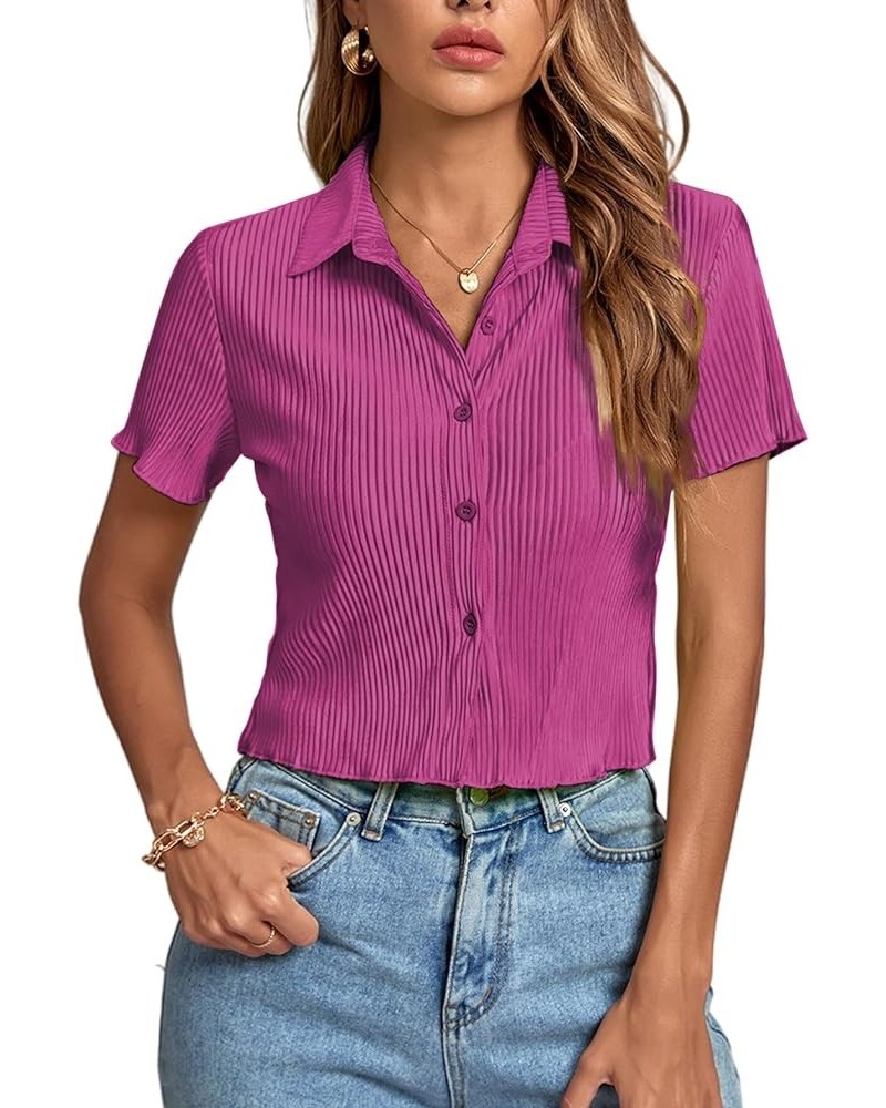 Women's Rib Knit Collar V Neck Button Down Ruffle Tirm Short Sleeve Crop Top Blouse Shirt Deep Purple $13.23 Blouses