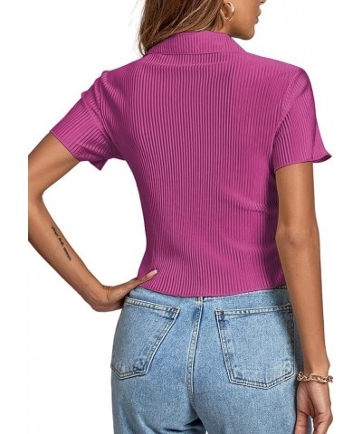 Women's Rib Knit Collar V Neck Button Down Ruffle Tirm Short Sleeve Crop Top Blouse Shirt Deep Purple $13.23 Blouses