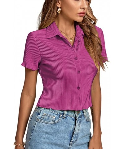 Women's Rib Knit Collar V Neck Button Down Ruffle Tirm Short Sleeve Crop Top Blouse Shirt Deep Purple $13.23 Blouses