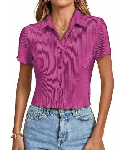 Women's Rib Knit Collar V Neck Button Down Ruffle Tirm Short Sleeve Crop Top Blouse Shirt Deep Purple $13.23 Blouses