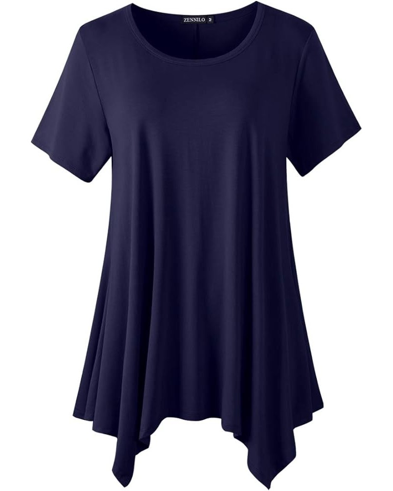 Womens Plus Size Casual Tunic Tops Summer Short Sleeve Shirts for Women Flowy Hankerchief Hemline Navy Blue $7.79 Tops