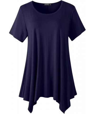 Womens Plus Size Casual Tunic Tops Summer Short Sleeve Shirts for Women Flowy Hankerchief Hemline Navy Blue $7.79 Tops