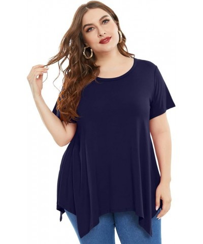 Womens Plus Size Casual Tunic Tops Summer Short Sleeve Shirts for Women Flowy Hankerchief Hemline Navy Blue $7.79 Tops