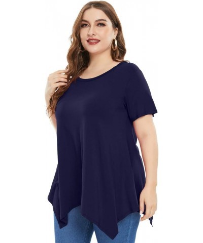 Womens Plus Size Casual Tunic Tops Summer Short Sleeve Shirts for Women Flowy Hankerchief Hemline Navy Blue $7.79 Tops