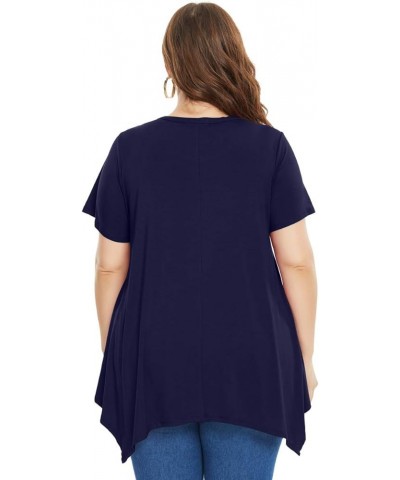 Womens Plus Size Casual Tunic Tops Summer Short Sleeve Shirts for Women Flowy Hankerchief Hemline Navy Blue $7.79 Tops