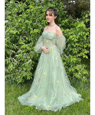 Puffy Sleeve Tulle Prom Dresses Flower Embroidery Ball Gowns for Women Tea Length A Line Formal Evening Party Gowns Dusty Blu...