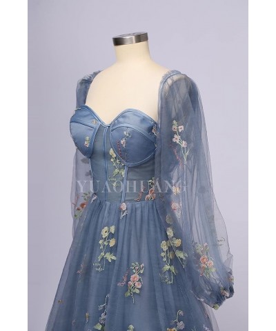 Puffy Sleeve Tulle Prom Dresses Flower Embroidery Ball Gowns for Women Tea Length A Line Formal Evening Party Gowns Dusty Blu...