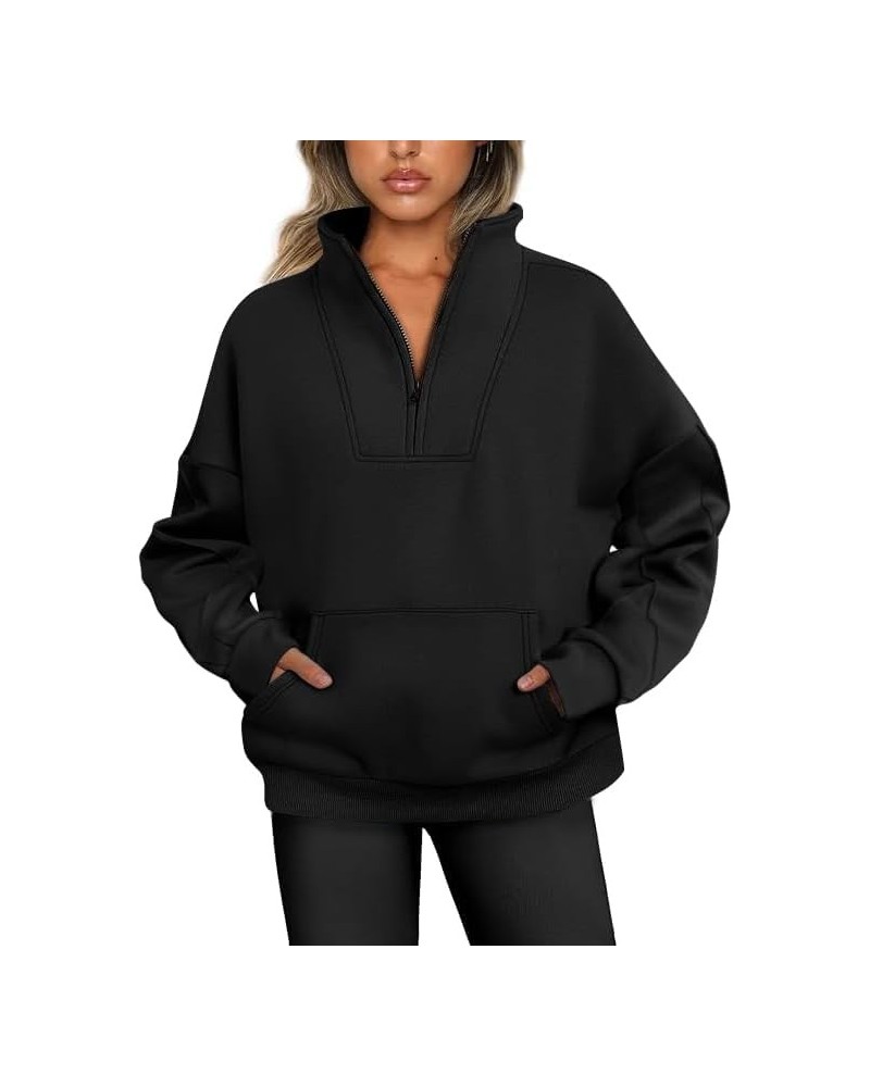 Womens Quarter Zip Sweatshirt Fleece Long Sleeve Hoodies 2023 Trendy Casual Pullover With Pockets Fall Clothes Black $14.00 H...