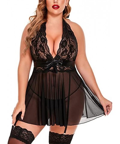 Plus Size Lingerie,Sexy Halter Chemise Nightgown Babydoll See Through Sleepwear Women's Lingerie, Sleep & Lounge Black $4.71 ...