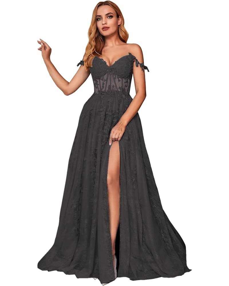 Off Shoulder Tulle Lace Appliques Prom Dress with Side Slit A Line Sweetheart Neck Evening Dress Long for Women RS020 Black $...