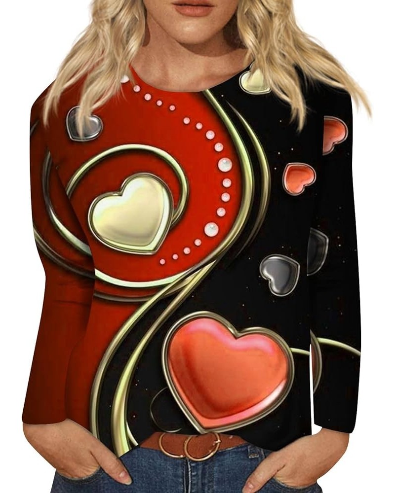 Womens Valentines Day Shirt, Women's Casual Fashion Valentine's Day Print Long Sleeve O-Neck Plus Size Top 7-vermilion-today'...