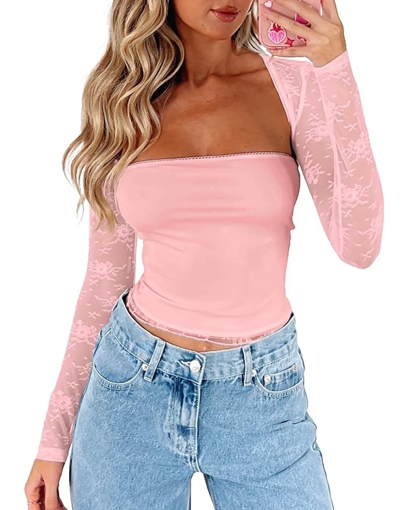 Women's Lace Trim Long Sleeve 2 Piece Set Tube Tops with Bolero Shrugs Y2K Crop Top Sexy Going Out T Shirts B Floral Pink $11...