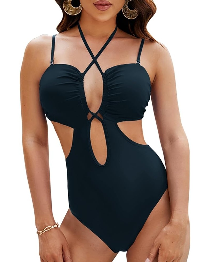 Women's Sexy One Piece Bathing Suit Cutout Swimsuits Cheeky High Cut Criss Cross Halter Monokini Blackr017 $8.54 Swimsuits